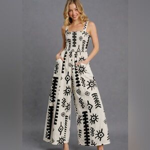 Smocked Square-Neck Wide-Leg Jumpsuit in Black & Cream